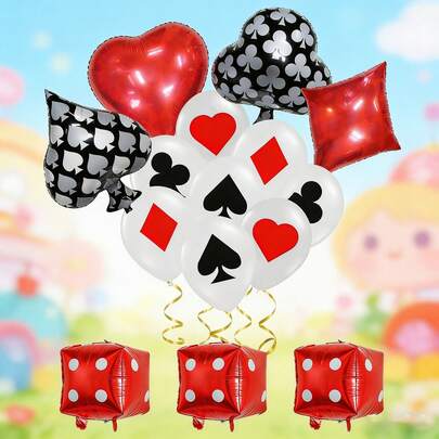 1 Set Poker Party Balloon Decoration Kit, Includes Red & Black Heart Balloons, Poker Suit Balloons, Red Dice Balloons, Suitable For Adult Poker Game Parties, Holiday Poker Themed Decor, Bar Opening Poker Style Setup, Friend's Birthday Poker Party, Creates A Fun And Festive Poker Theme Party Atmosphere