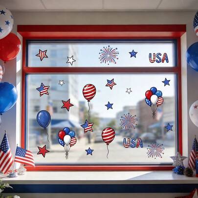 1 قطعة ملصق زجاج ثابت لعيد الاستقلال. تصميم بالونات وطنية DIY. مصنوع من مادة PVC قابلة للإزالة ومقاومة للماء. مناسب لأبواب الزجاج في المقاهي والمتاجر وديكور المنزل.