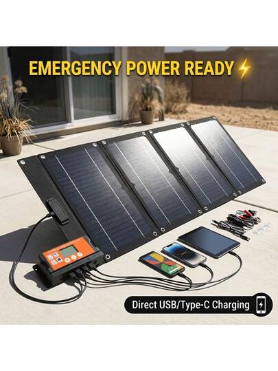 便携式四/五折太阳能板，带USB接口，适合户外旅行和露营，可为手机、平板电脑、风扇和手电筒充电，可折叠电池组