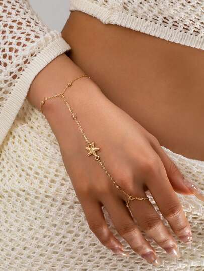1 Pc Gold Color Starfish Hand Chain Bracelet For Women - Boho Beach Beaded Finger Ring Bracelet - Summer Beach Jewelry Accessory