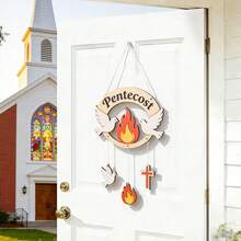 Pentecost Party Decor Wooden Hanging Ornament, Church Wall Background Decoration, Red Flame Cross And Dove Theme, Christian Church Event Baptism Arrangement - Pentecost - View 4