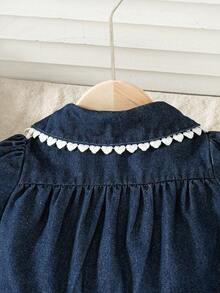 女婴可爱彼得潘领藏蓝色灯笼袖宽松休闲牛仔连衣裙，适合夏季外出 - 藍色 - 查看 7