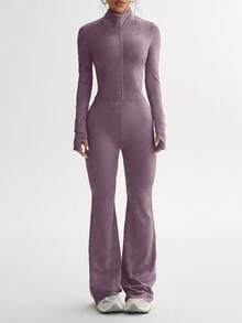 Ensemble Top à manches longues et pantalon de sport slim fit de couleur unie pour femmes, tenue de fitness pour femmes - Rose bonbon - Voir 5