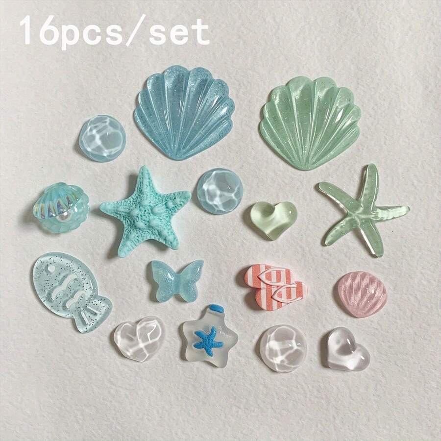 16pcs/Set Summer Shoes Decoration, Shell, Starfish, Fish, Butterfly DIY Sandal Garden Shoe Accessories, Party Gift - Multicolor - View 1