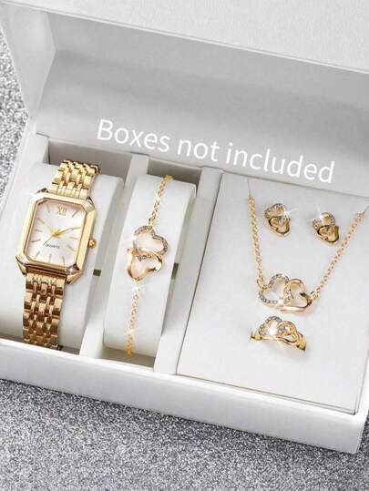 Bộ 6 món, đồng hồ nữ thanh lịch, thiết kế mặt vuông thời trang và cá tính, chạy máy quartz, kèm bộ phụ kiện hình trái tim (dây chuyền + vòng tay + nhẫn + bông tai), thích hợp làm quà tặng cho mẹ, vợ, bạn gái, nhân dịp kỷ niệm, sinh nhật, ngày Valentine, ngày của mẹ.