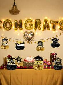 8pcs/4pcs/1pc Black & Gold 2026 Graduation Party Decor Set: Includes "Class Of 2026" Honeycomb Tabletop Centerpiece Decor With Black & Gold Accents. Great As Graduation Party, Celebration & Commencement Season Tabletop Decor, Creative Photo Prop. - Multicolor - View 3