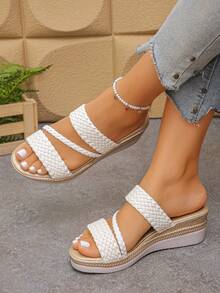 新款夏季时尚优雅白色PU编织厚底凉鞋，女士户外旅行百搭坡跟厚底凉鞋 - 白色 - 查看 2