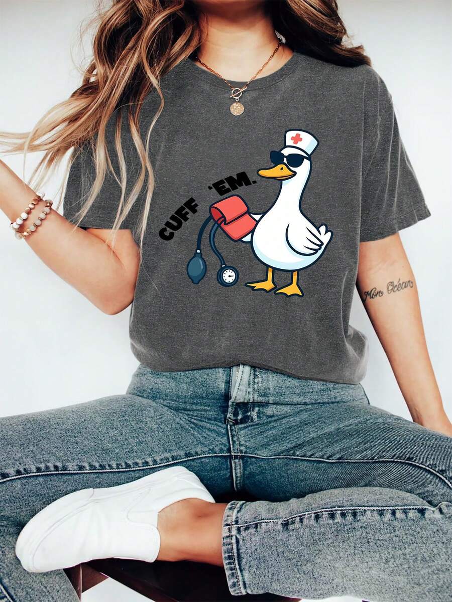 Women's T-Shirt With ER Room Nurse Print, Short-Sleeved Round Neck Casual Top, Suitable For Spring And Summer. - Dark Grey - View 1
