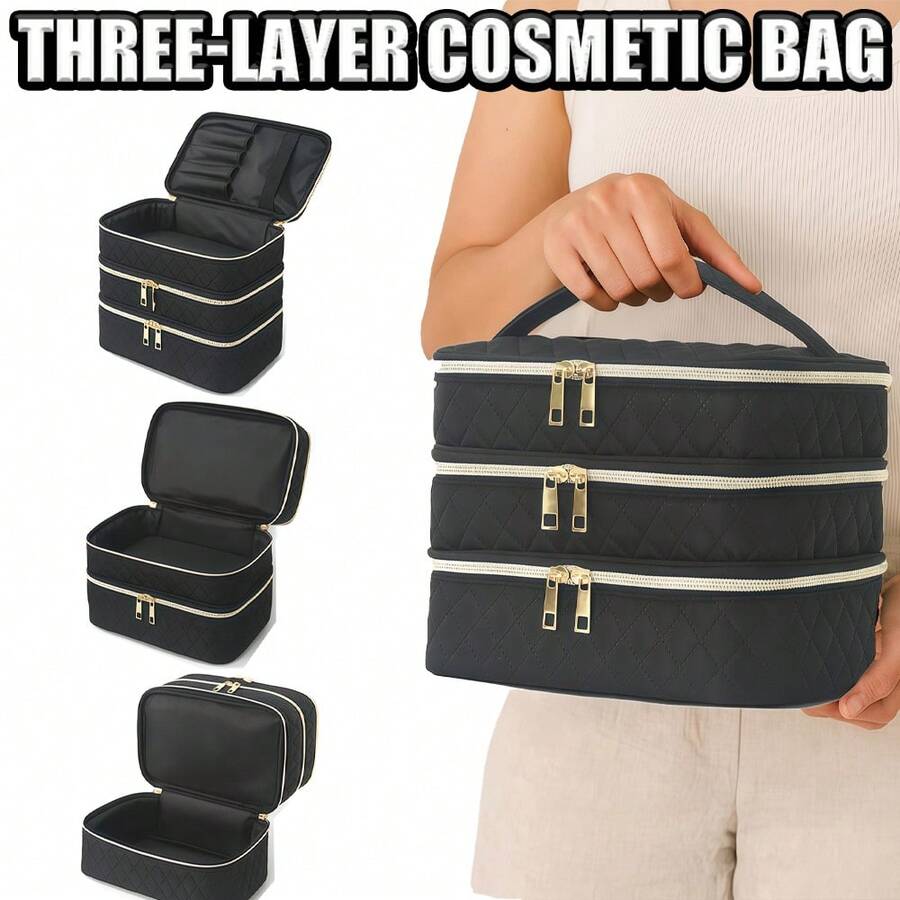 Three-Layer Cosmetic Bag, Large-Capacity Cosmetic Organizer, Quilted Travel Toiletry Bag, Gold Zipper, Women's Portable Makeup Case. This Stylish Three-Layer Cosmetic Bag Features A Sophisticated Quilted Design And Durable Construction, Perfectly Organizing All Your Beauty Essentials. - Multicolor - View 1