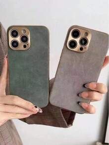 Ốp điện thoại da cừu giả da PU phong cách retro New Business Overseas, tương thích với Samsung S22/23/24/25, tương thích với iPhone 11/12/13/14/15/16/17 Pro/Pro Max, ốp bảo vệ toàn diện bằng kim loại mạ điện sang trọng. - Màu Khaki - Xem 3