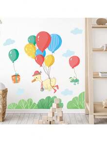 Cartoon Painted Balloon Duck Cloud Plant Self-Adhesive Wall Sticker, Whimsical Garden Sky Theme, PVC Material Funny Wall Mural, Removable Colorful Cute Design For Living Room Bedroom Kids Room Decor - Painted Balloon Duck - View 5