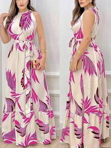 Women's Casual Sleeveless Dress With Botanical Print, Elegant, Summer, Boho Dress With Belt, Gathered Hem, Round Neck Gathered Sleeves, Regular Fit, Long With Tropical Floral Print - 粉色 - 查看 8