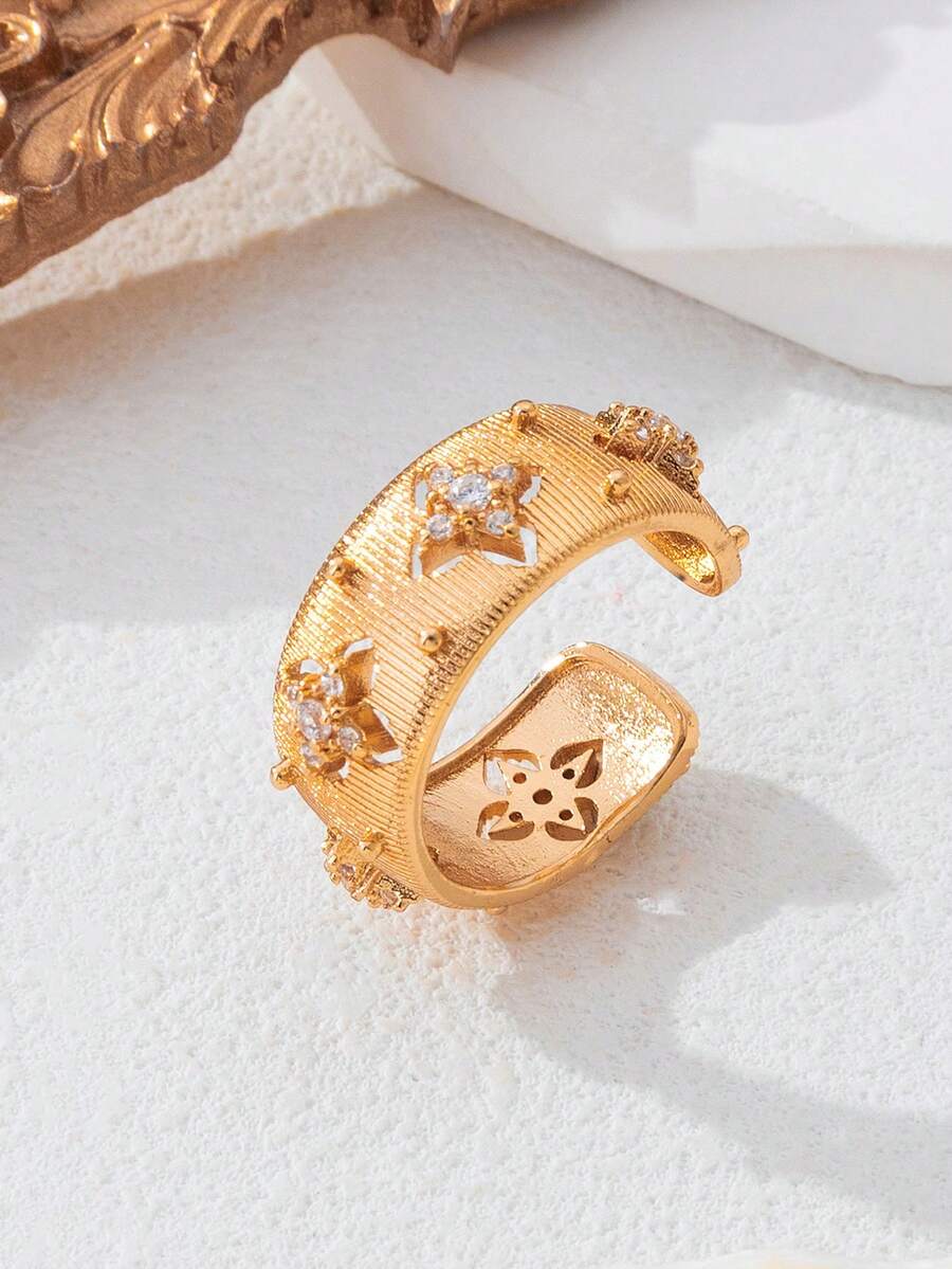 1pc Hollow Luxury Fashion Open Ring, Copper Alloy Inlaid Artificial Zirconia Vintage Ring, Suitable For Women's Daily Wear, Party, Outing - Cross Flower Ring - View 1
