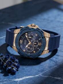 Guess Đồng hồ nam UESS Genesis mặt xanh dương, dây đeo cao su mạ vàng hồng W1254G3 - Màu xanh lam - Xem 3