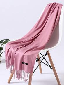 1条女士纯色绒面涤纶围巾，休闲纯色羊绒粉色围巾，适合初冬和晚秋保暖 - 白色 - 查看 11