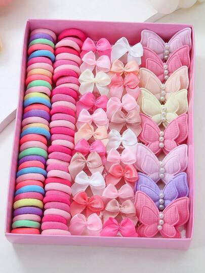 115件套女孩发饰套装，多色发圈、蝴蝶结发夹和弹力发绳组合，蝴蝶爪夹
