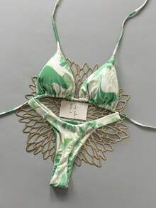 Bộ bikini nữ mùa hè in họa tiết toàn thân, kiểu buộc dây cổ và quần tam giác. - Nhiều màu - Xem 2