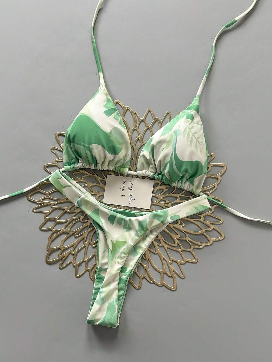 女士夏季沙滩印花挂脖系带比基尼上衣和三角泳裤泳衣套装 - 彩色 - 查看 1