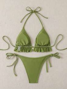 Swim Mod Women's Swimsuit, Two-Piece Bikini Set With Halter Neck, Ruffles And Bow In Solid Color For Summer - 綠色的 - 查看 5