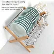 1pc Foldable 2-Tier Bamboo Dish Drying Rack, Natural Wood And Black Metal Wire Plate Holder, Collapsible Kitchen Counter Dish Drainer Rack, Space-Saving Sturdy For Small Kitchen And Apartment - Silver - View 4