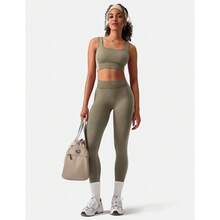 OLCHEE Womens Workout Sets 2 Piece Seamless Square Neck Sports Bra Padded Butt Lifting Leggings High Waist Yoga Gym Outfits - 橄欖綠 - 查看 5