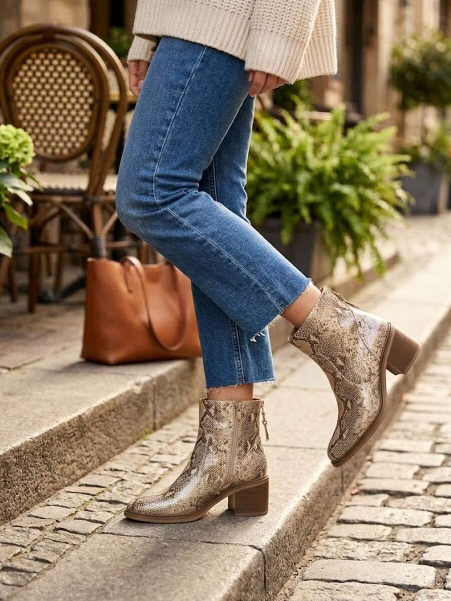 2026 New Snake Skin Pattern American Cowboy Boots, Women's Fashion Spring Ankle Boots And Ankle Boots - Gold - View 1