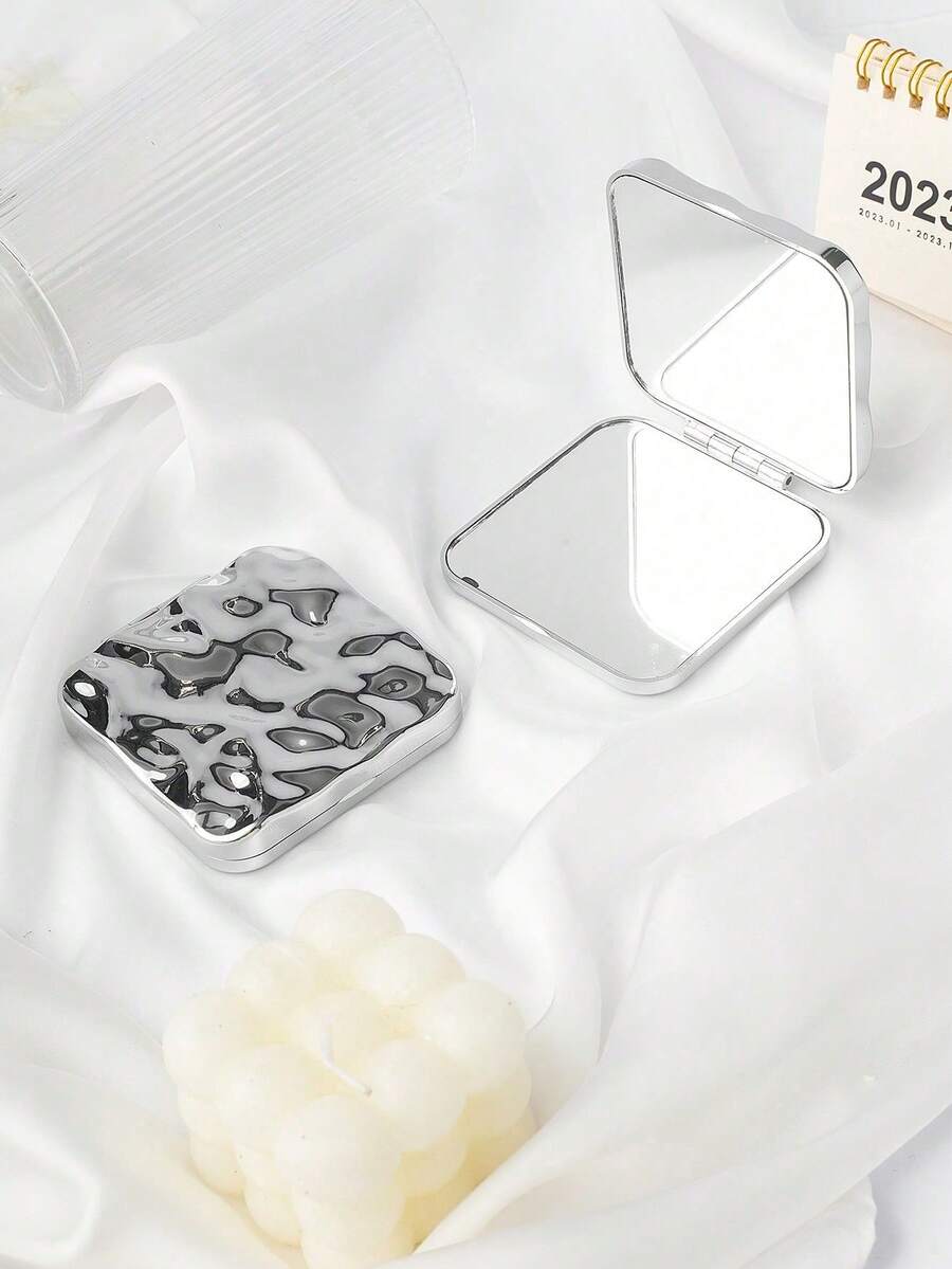 1个方形水波纹图案便携式化妆镜，大号