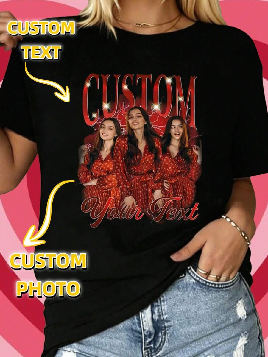 定制盗版说唱照片T恤，定制图案T恤，复古盗版T恤，女孩旅行T恤，婚礼派对T恤，复古盗版T恤，个性化头像T恤，个性化照片头像T恤，定制姓名和照片T恤，定制头像T恤，定制单身派对T恤，新娘T恤，定制礼物，定制头像T恤，“我爱我的男朋友”个性化头像T恤，“我爱我的男朋友”个性化照片T恤，“我爱我的男朋友”个性化心形T恤，情人节礼物T恤 - 黑色 - 查看 1