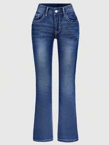 Light Blue Washed Distressed High-Waisted Flared Jeans With Bull's Head And Floral Embroidery On The Back Pocket. Retro Western Style Slimming Casual Trousers. - 藍色 - 查看 3