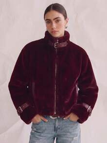 OUTTA BOX 女士长袖高领拉链宽松仿皮草酒红色外套，时尚优雅，适合居家、日常穿着、外出、派对、冬季、情人节等场合。 - 酒紅色 - 查看 2