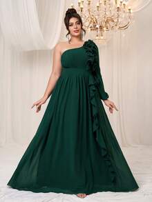 YISIKADO Plus Size Lettuce Trim One Shoulder Chiffon Dress Elegant Wedding Guest Bridesmaid Birthday Prom Party Graduation Formal Evening Dinner Ceremony - Dark Green - View 1
