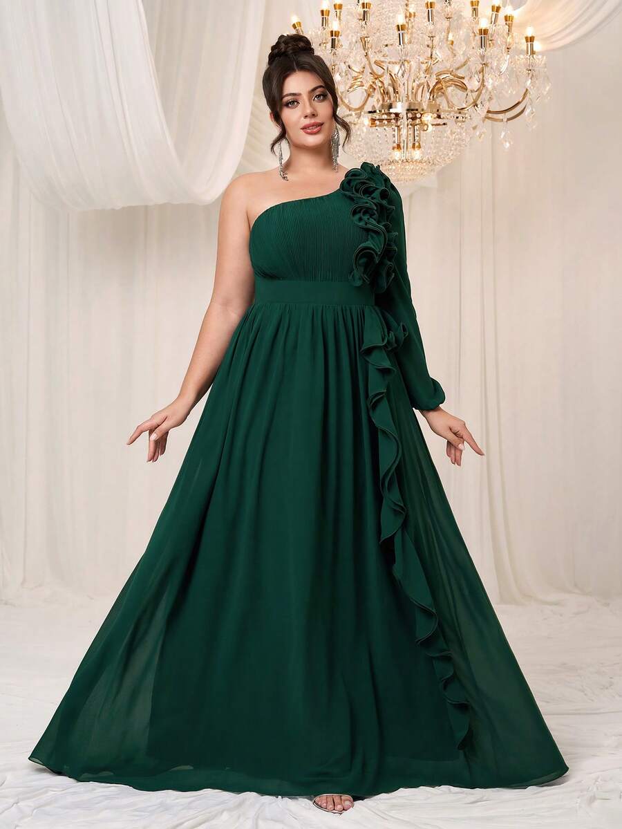 YISIKADO Plus Size Lettuce Trim One Shoulder Chiffon Dress Elegant Wedding Guest Bridesmaid Birthday Prom Party Graduation Formal Evening Dinner Ceremony - Dark Green - View 1