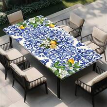 1pc Lemon Blue Floral Pattern Outdoor Elastic Tablecloth, Suitable For Spring/Summer Decor, Great For Outdoor Patio, Indoor Dining, Picnic, Camping And Party - A - View 16
