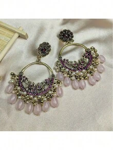 Elegant Vintage Bohemian Earrings, Floral Carved Design With Long Bead Drop, Perfect For Daily Wear - 墨藍色 - 查看 1