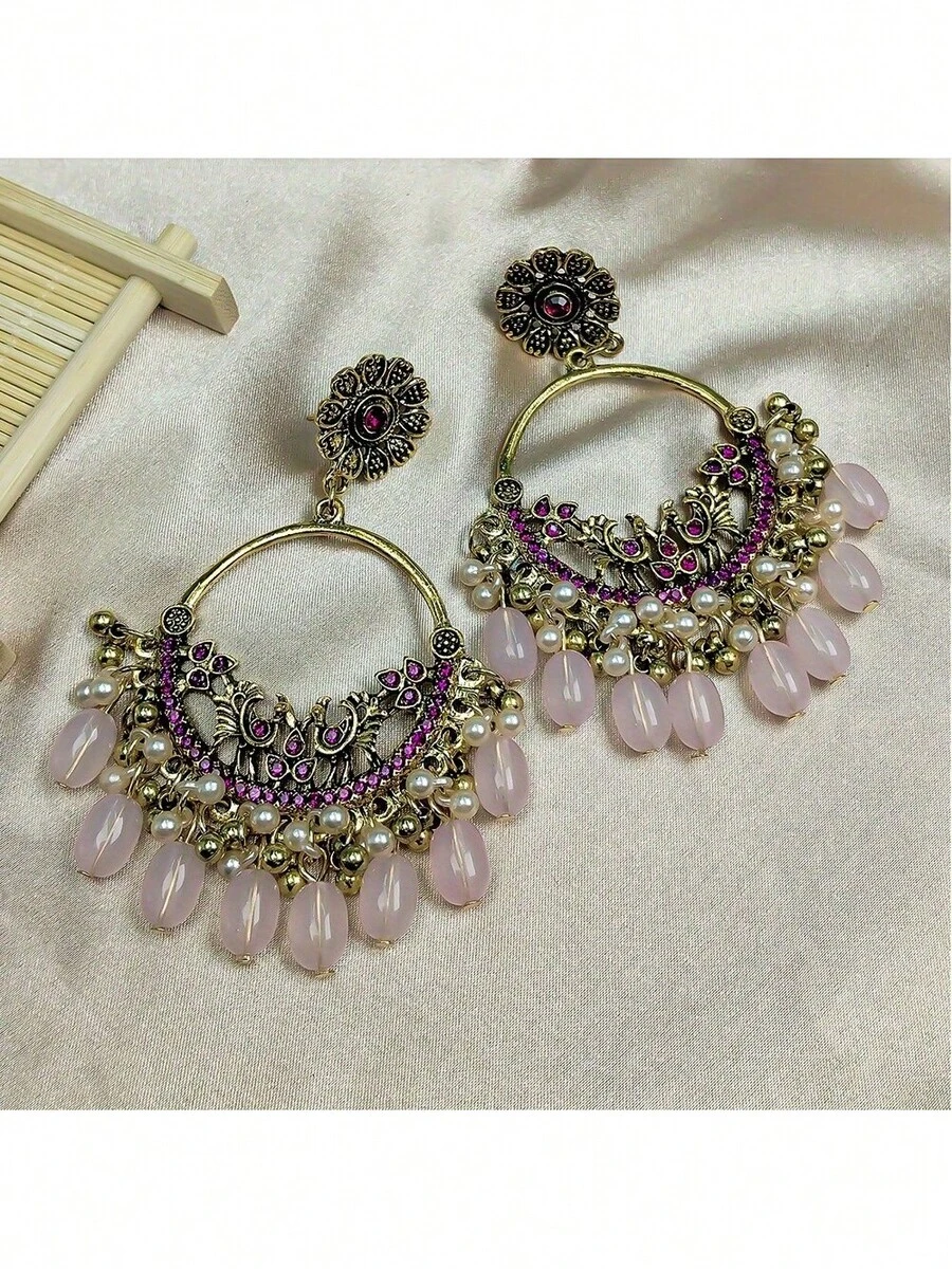 Elegant Vintage Bohemian Earrings, Floral Carved Design With Long Bead Drop, Perfect For Daily Wear - 墨藍色 - 查看 1