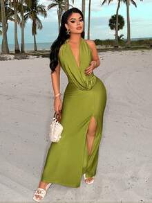 AIJ Amarilo Solid Color Sexy Halter Backless Pleated High Slit Dress With Metal Buckle, Casual Resort Beach Outfit, Women's Green Dress Elegant Party - Pea Green - View 5
