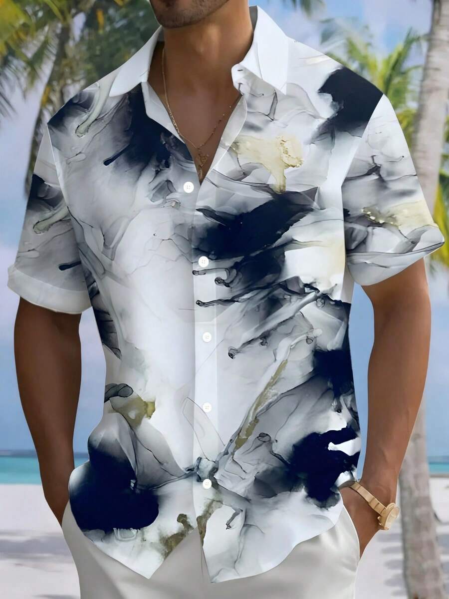 Abstract Ink Flow Pattern Symbolizes The Harmony Between Ocean Waves And Drifting Clouds In A Tranquil Sky 3D Print Men Short Sleeve Casual Button Down Beach Shirt - 白色 - 查看 1