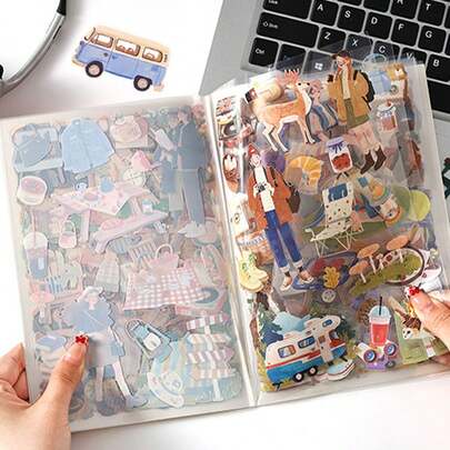 1 Libro con 20 piezas Juego de pegatinas grandes de la serie Ciclo día y noche, diseño de patrones originales ricos y diversos, impresión de alta calidad, pegatinas de PET coloridas, adecuadas para scrapbooking, planificadores, útiles de oficina y escolares, suministros de scrapbooking de vuelta a la escuela