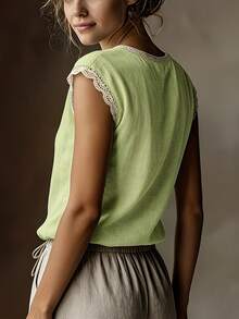 Vintage Linen Short Sleeve Top For Women, Lace Patchwork Round Neck Loose Breathable Linen Blend T-Shirt, Summer - Mint Green - View 3