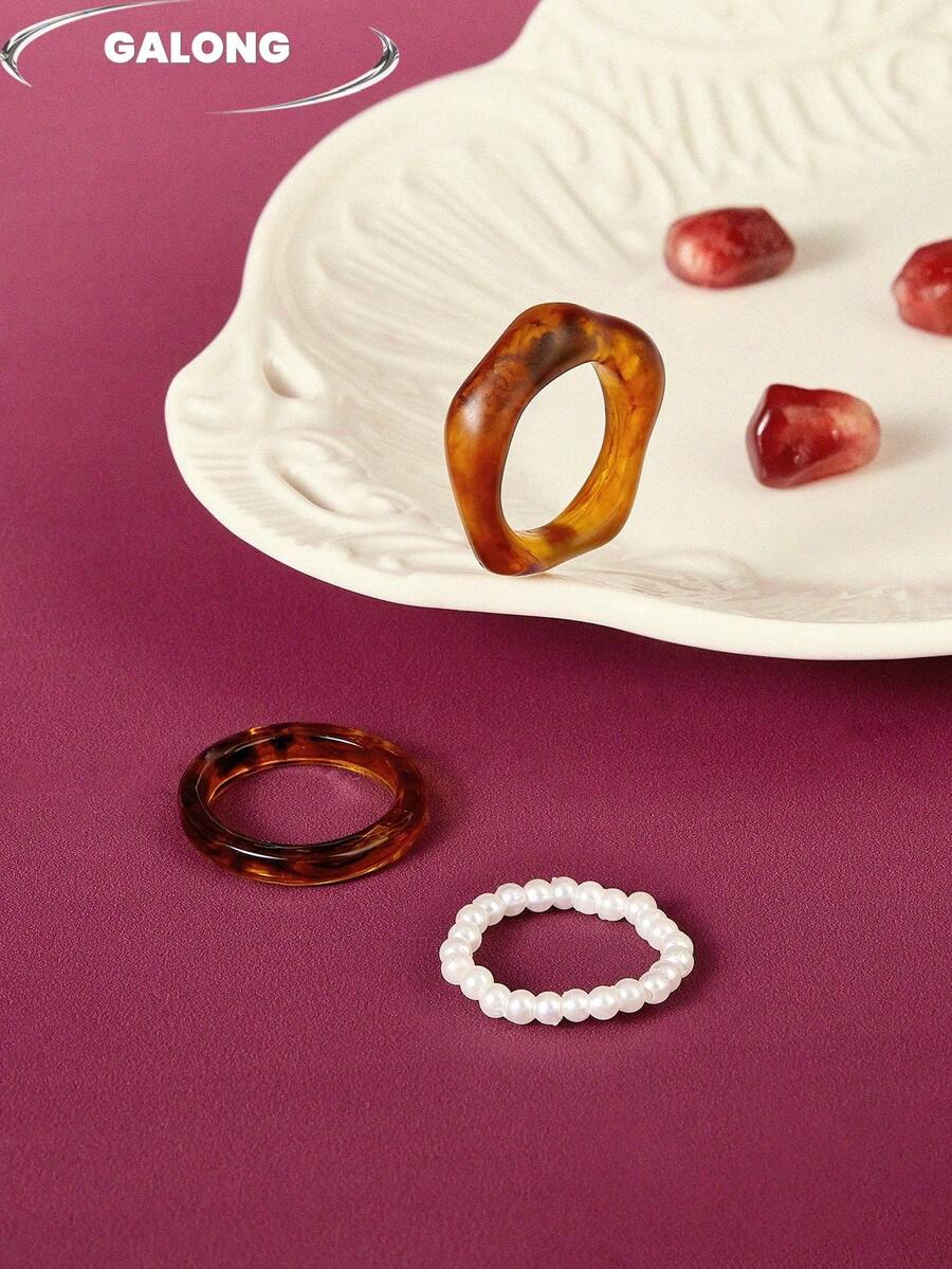 INS Style Blogger Same Pearl Beaded Ring, Tortoiseshell Resin Open Ring, Multi-Layer Stacking High-End Design Women Ring