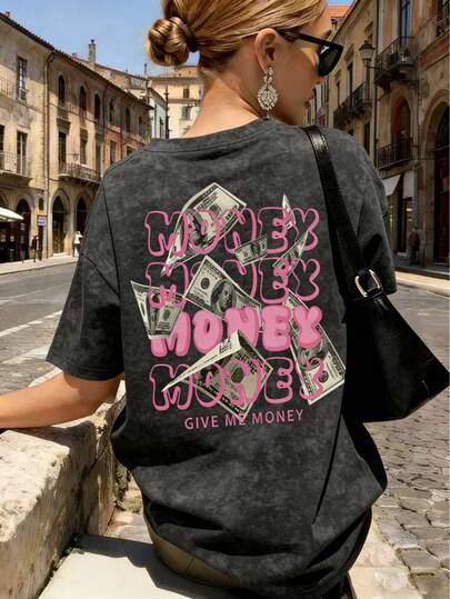 复古水洗黑粉色美元符号“MONEY”印花宽松T恤，Y2K风格甜美性感，印有“给我钱”标语，柔软休闲，适合度假和街头穿着，时尚流行美学夏季单品