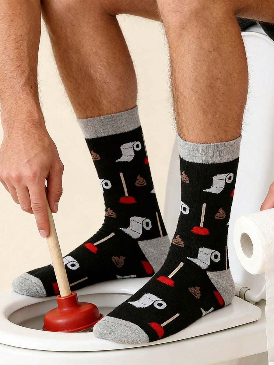 1 đôi tất dài đến bắp chân in họa tiết Happy Toilet dành cho nam, mùa thu - Nhiều màu - Xem 1