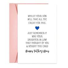 1 PIEZA Tarjeta divertida del Día del Padre de la nuera (con sobre) - "El hijo se llevará todo el crédito" Tarjeta de felicitación humorística para el suegro - multicolor - Ver 9