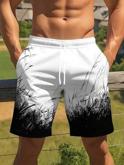 White Artistic Reeds Pattern Print Men's Summer Shorts