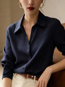 YUXIN 春秋新款宽松时尚蓝色条纹优雅长袖衬衫，设计感十足的通勤工作服修身百搭衬衫 - 藏蓝色 - 查看 7