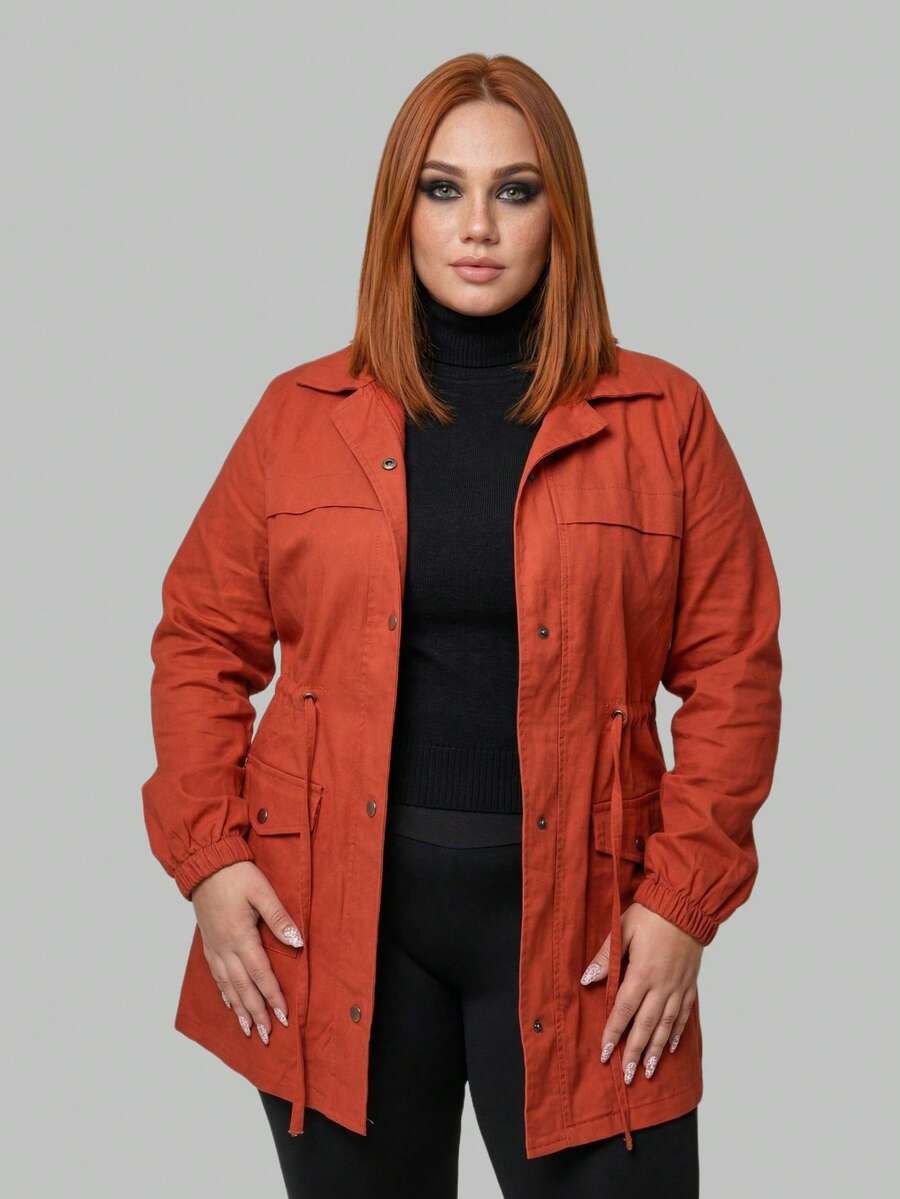 Plus Size Winter Overcoat In Bengaline Fabric With Drawstring, Zipper, And Button Closure. This Winter Parka Coat/Blouse Is Perfect For Sizes G1, G2, And G3. - 亮橙色 - 查看 1