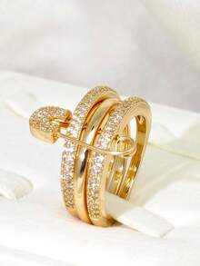 4pcs/Set Fashion Design Brooch Rings, Copper Plated Zirconia Rings Gift For Women - A Gold Three-layer Ring - View 7