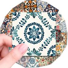 50 PIEZAS Pegatinas de azulejos florales vintage, Pegatinas autoadhesivas extraíbles y resistentes al agua con estilo bohemio para decorar la cocina, el baño y la lavandería, Decoración de pared con patrón marroquí retro para inquilinos y propietarios - Multicolor - Ver 4