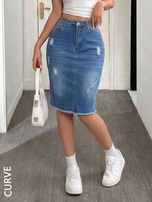 Plus Size Women Stretchy Fitted Sexy Denim Mini Skirt - Medium Wash - View 1