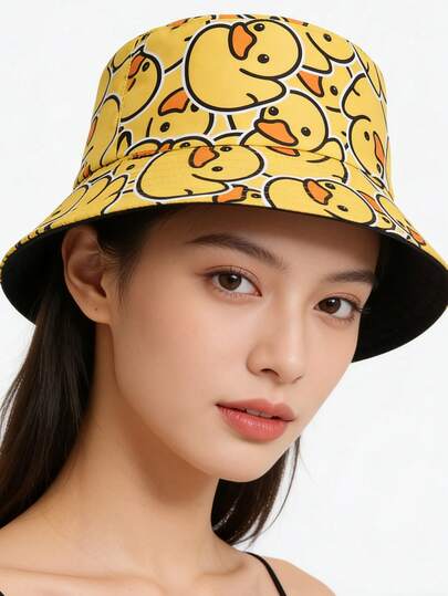 1pc Women Duck Print Reversible Fashionable Bucket Hat, For Outdoor Cute